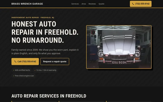 Homepage of the Brass Wrench Garage sample website