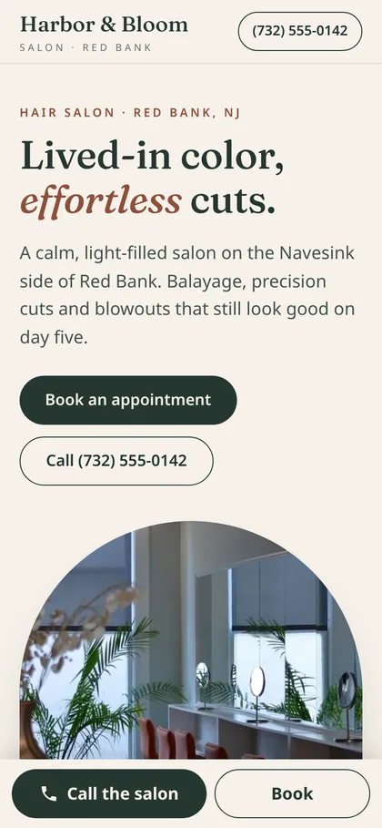 Sample website for Harbor & Bloom Salon shown on a phone