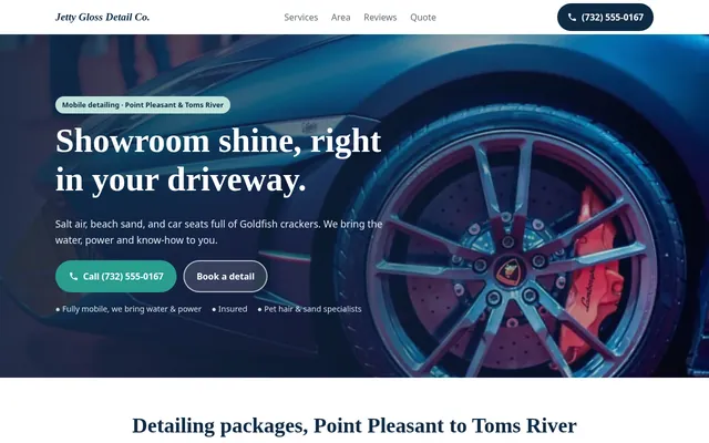 Homepage of the Jetty Gloss Detail Co. sample website