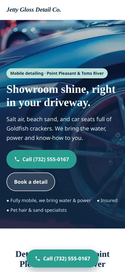 Sample website for Jetty Gloss Detail Co. shown on a phone