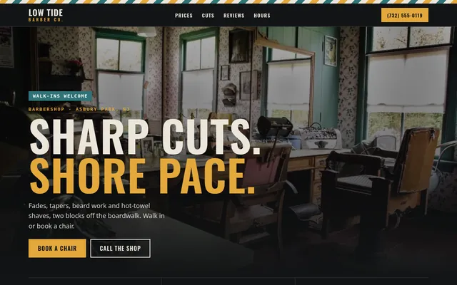 Homepage of the Low Tide Barber Co. sample website