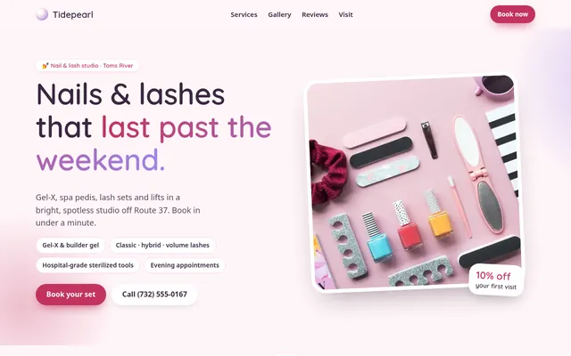 Homepage of the Tidepearl Nail & Lash Studio sample website
